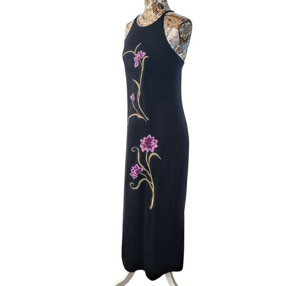 Long Black Gown with Lavender Embroidered Flowers and Crisscross Back Maxi Dress - Picture 8 of 15